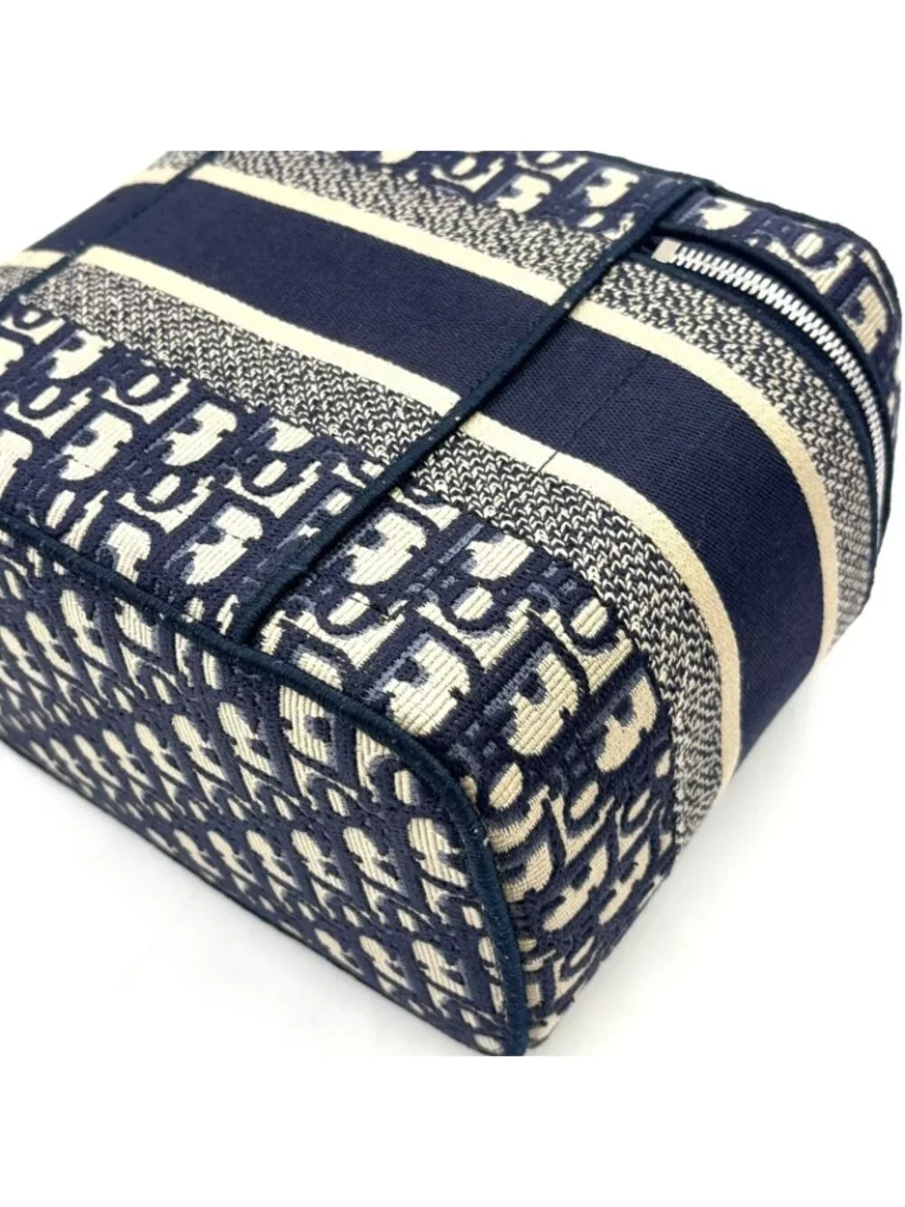 Dior Travel Vanity Cotton Off White Navy Handbag Silver
